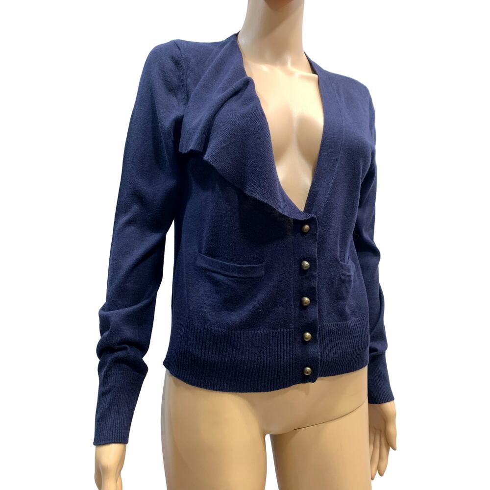 ANTHRO Moth Dark Blue Cardigan Tight Fit Flounce S